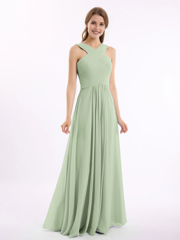 Crisscross Neck Pleated Bodice Flowy Chiffon A-Line Floor-Length Bridesmaid Evening Maxi Dress