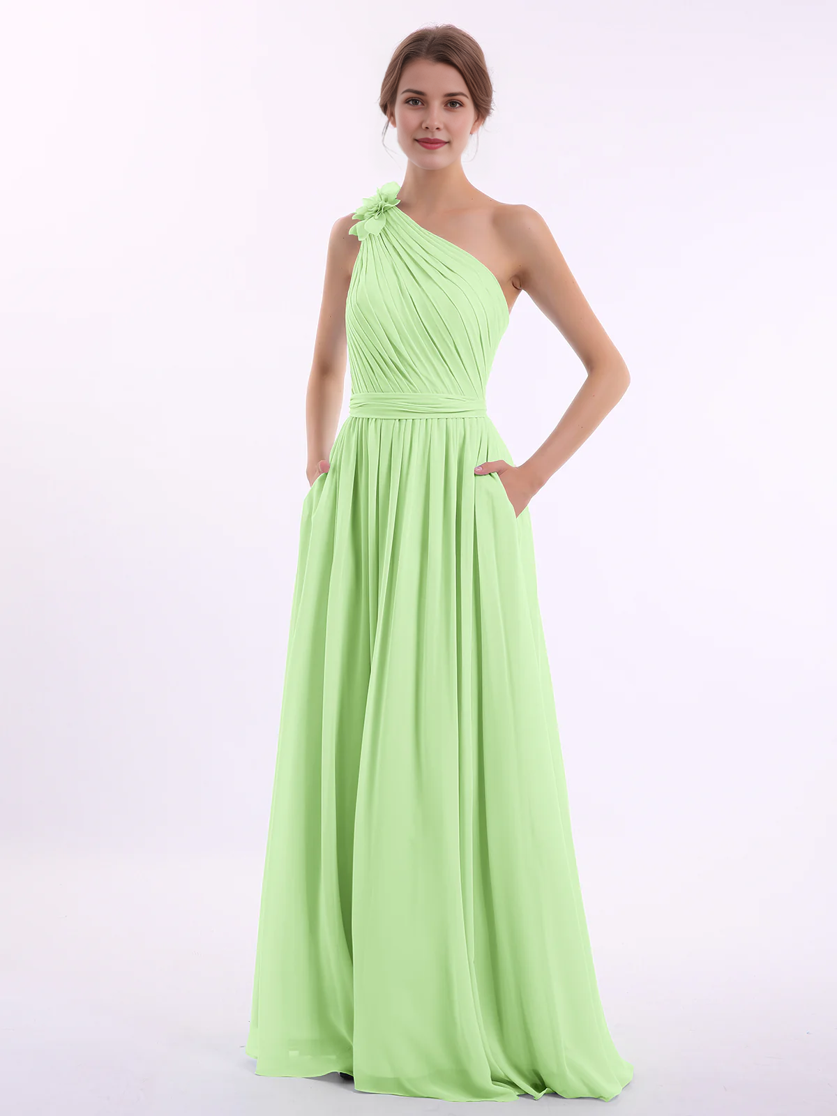 One Shoulder 3D Flower Ruched Chiffon Bridesmaid Maxi Dress with Pockets & Open Back Sash