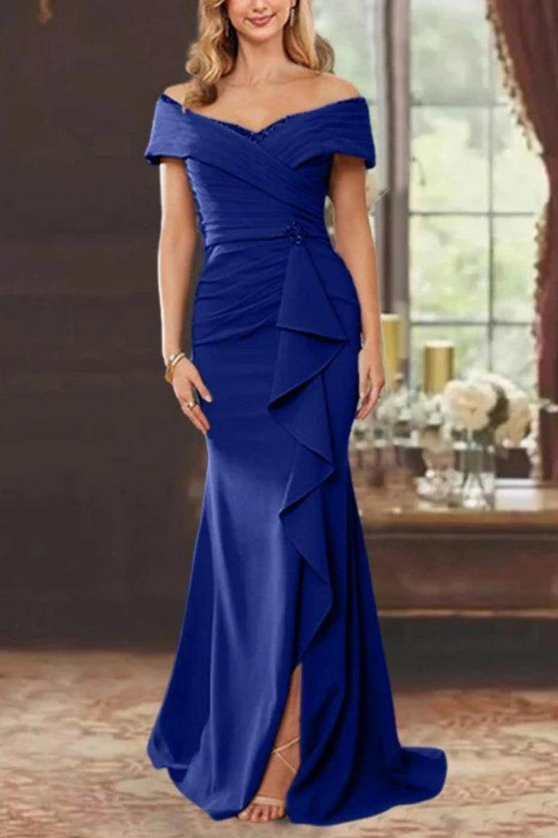 Chic Mermaid Off Shoulder Zip Back Slit Floor Length Mother Of The Bride Dress
