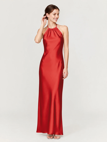 Halter Neck Satin Mermaid Bridesmaid Dress with Tie Back