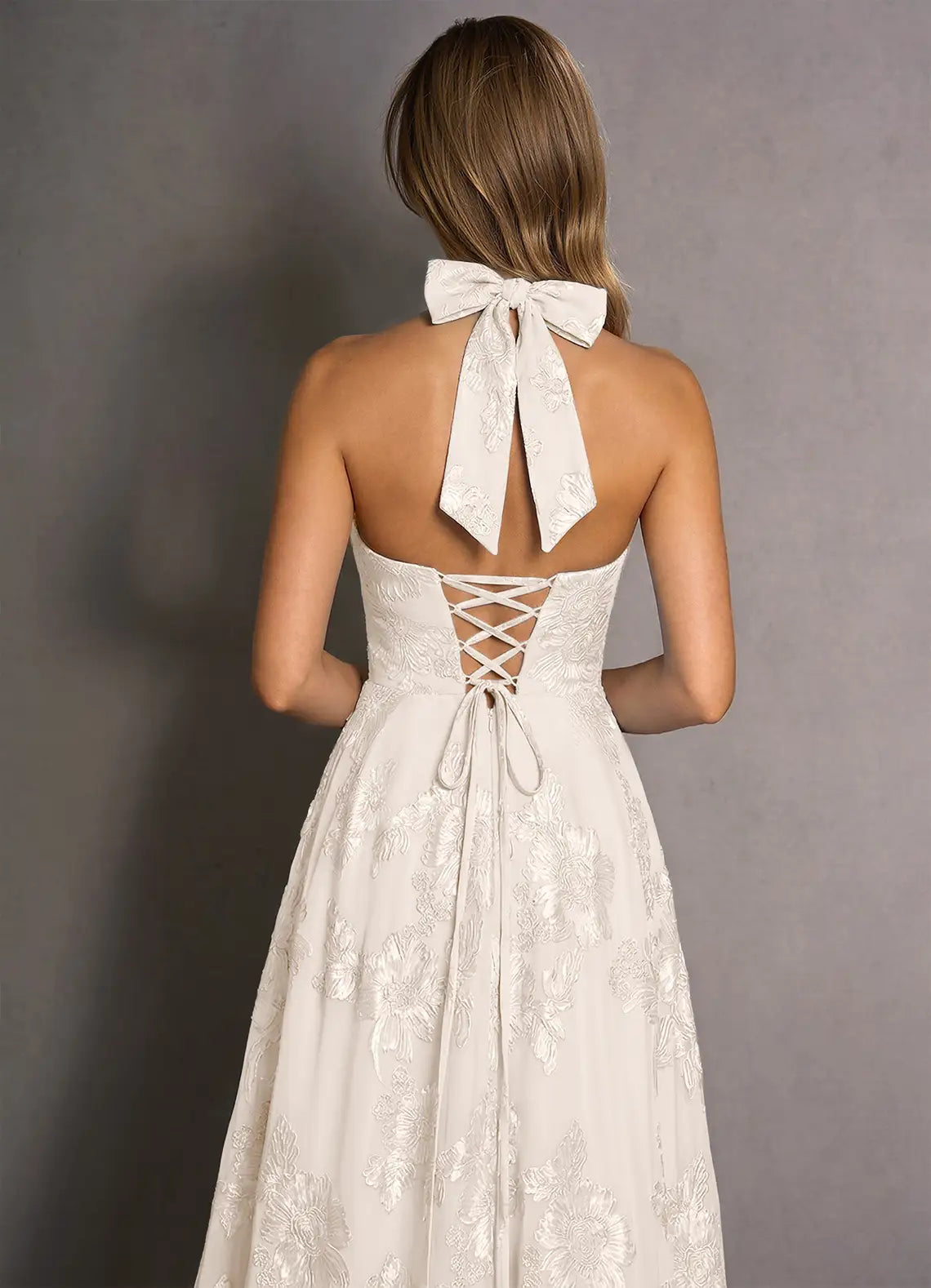 Romantic A-line Halter Sleeveless Lace Midi Lace-up Back Wedding Guest Dress