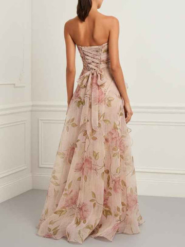 3D Floral Strapless Maxi Dress Lace-Up Back Formal Party Wedding Guest Dress