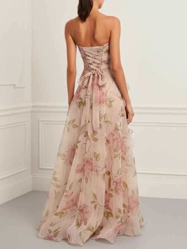 3D Floral Strapless Maxi Dress Lace-Up Back Formal Party Wedding Guest Dress
