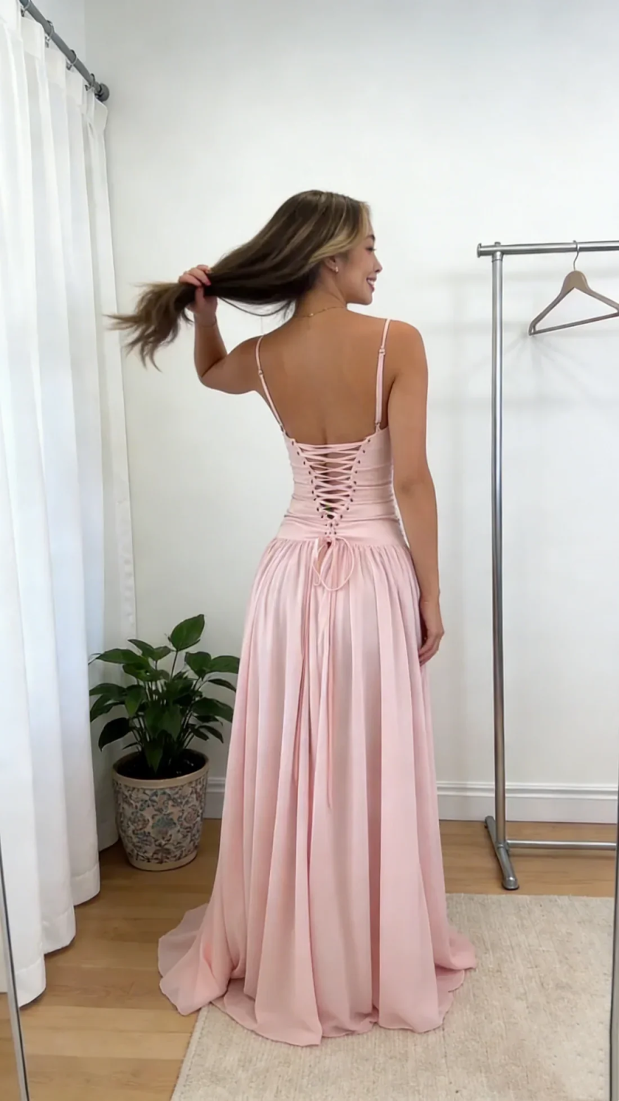 Elegant Blush Pink Satin Corset Lace-Up Back Maxi Dress& A-Line Floor-Length Formal Gown