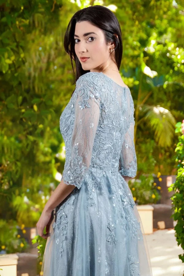 Dusty Blue Half-Sleeve Lace & Sequin Evening Gown - Elegant Formal Maxi Dress