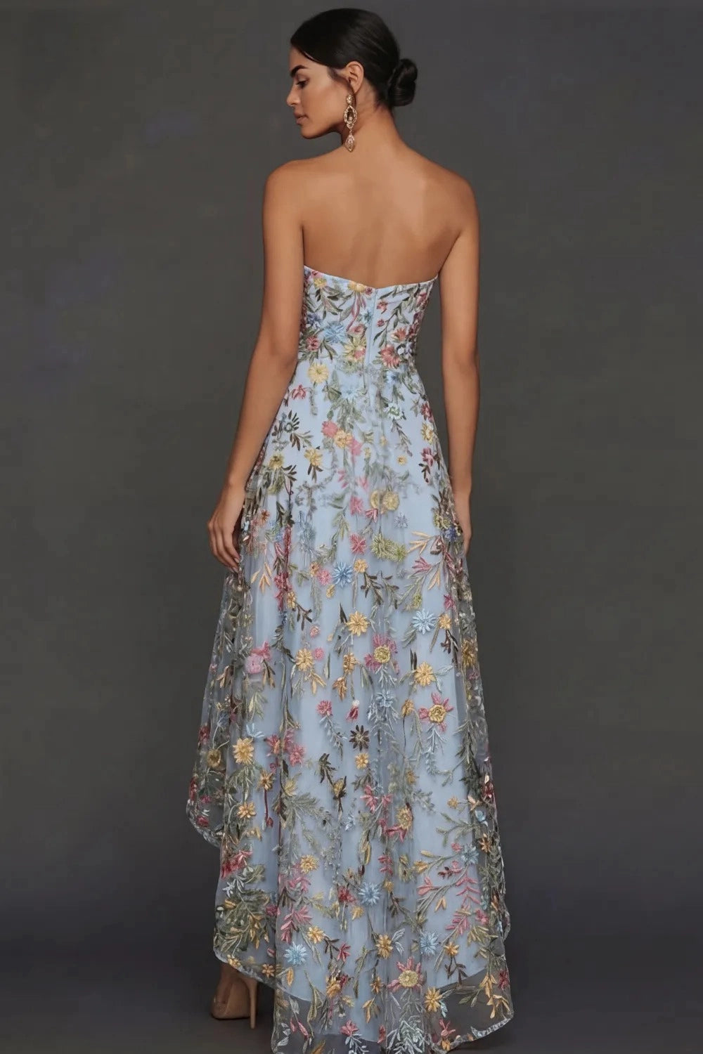 Romantic A Line Sweetheart Strapless Floral Embroidered High Low Wedding Guest Dress