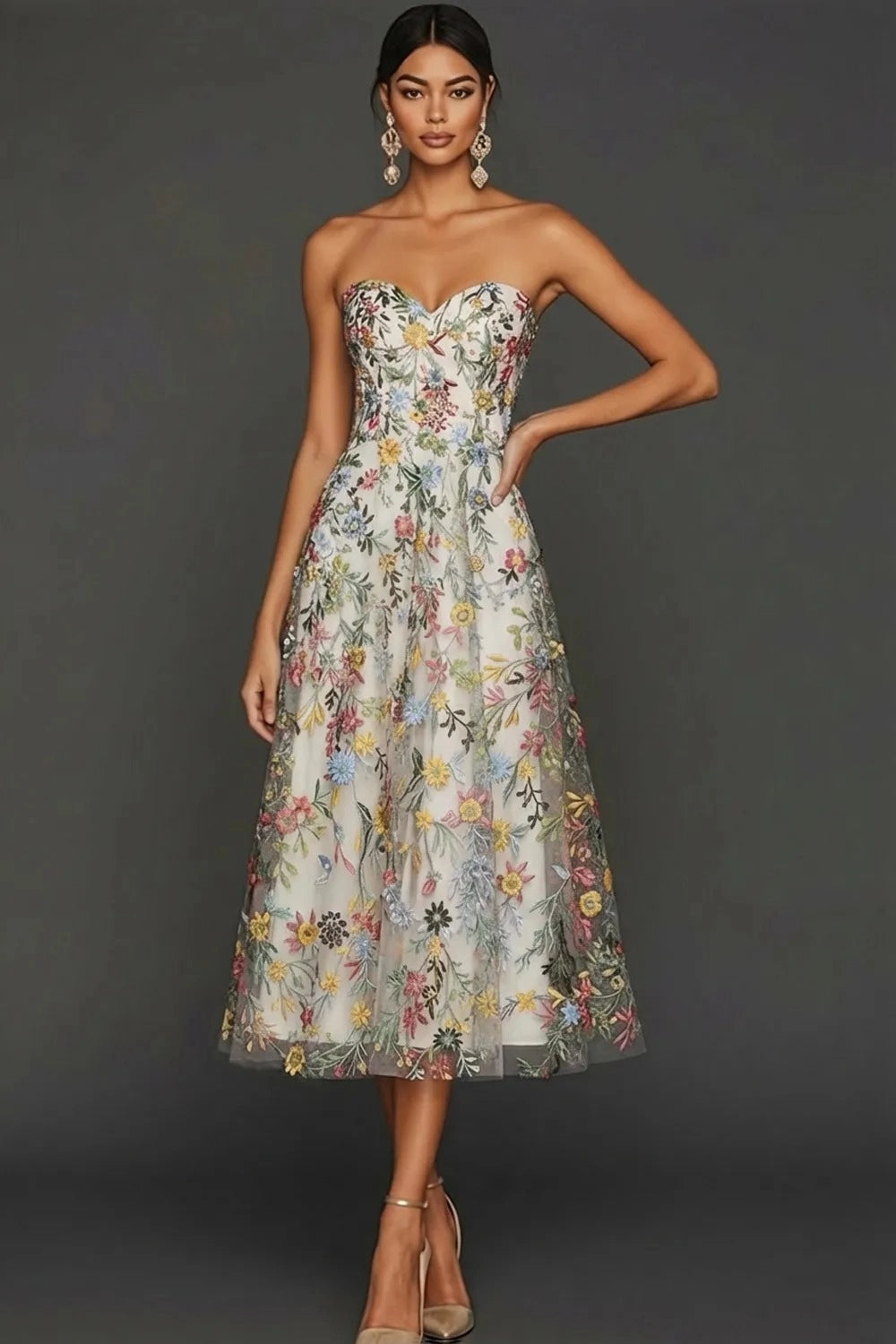 Romantic Floral Embroidered A-Line Sweetheart Strapless Backless Midi Wedding Guest Dress