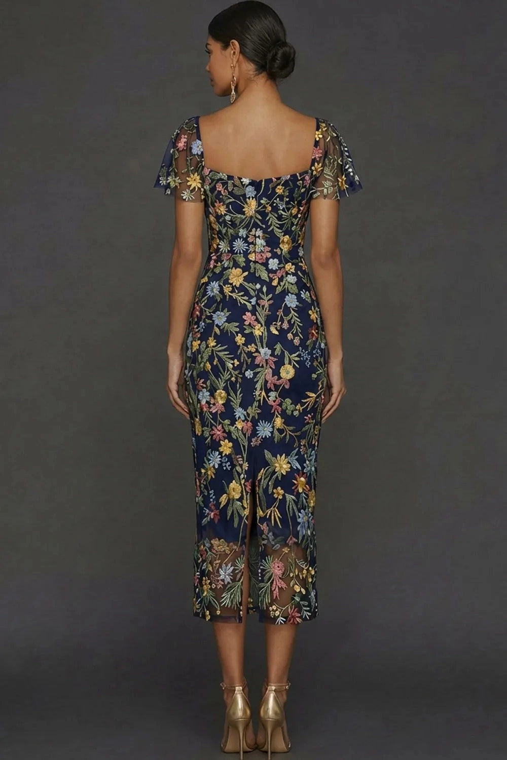 Elegant Floral Embroidered Sheath Sweetheart Flutter Sleeve Midi Wedding Guest Dress