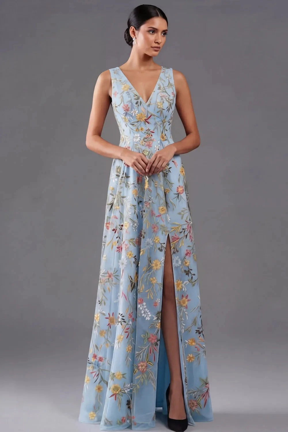 Elegant A Line V Neck Sleeveless Floral Embroidered Slit Floor Length Wedding Guest Dress