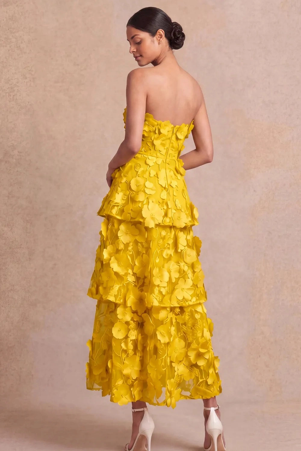 Romantic A Line Strapless 3D Floral Tiered Maxi Wedding Guest Dress