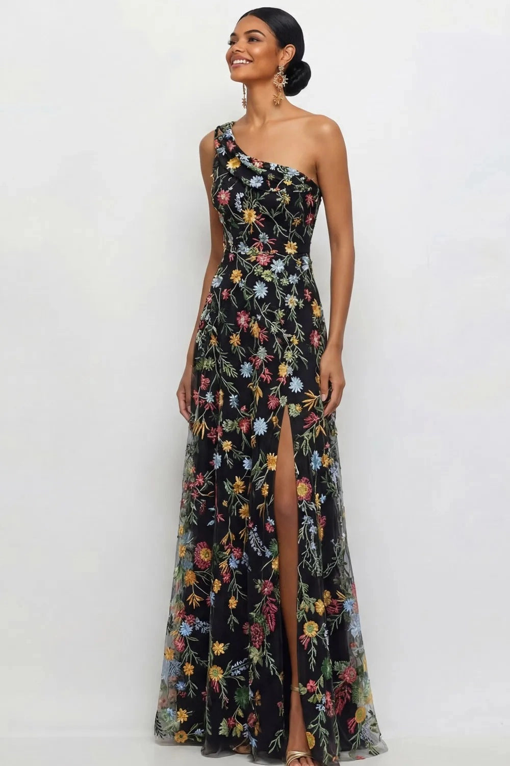 Chic A Line One Shoulder Floral Embroidered Slit Floor Length Wedding Guest Dress