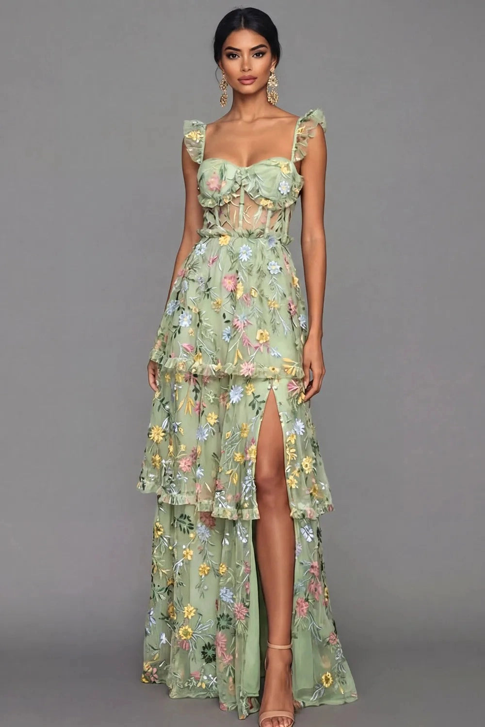 Romantic A Line Sweetheart Ruffle Strap Floral Embroidered Tiered Wedding Guest Dress