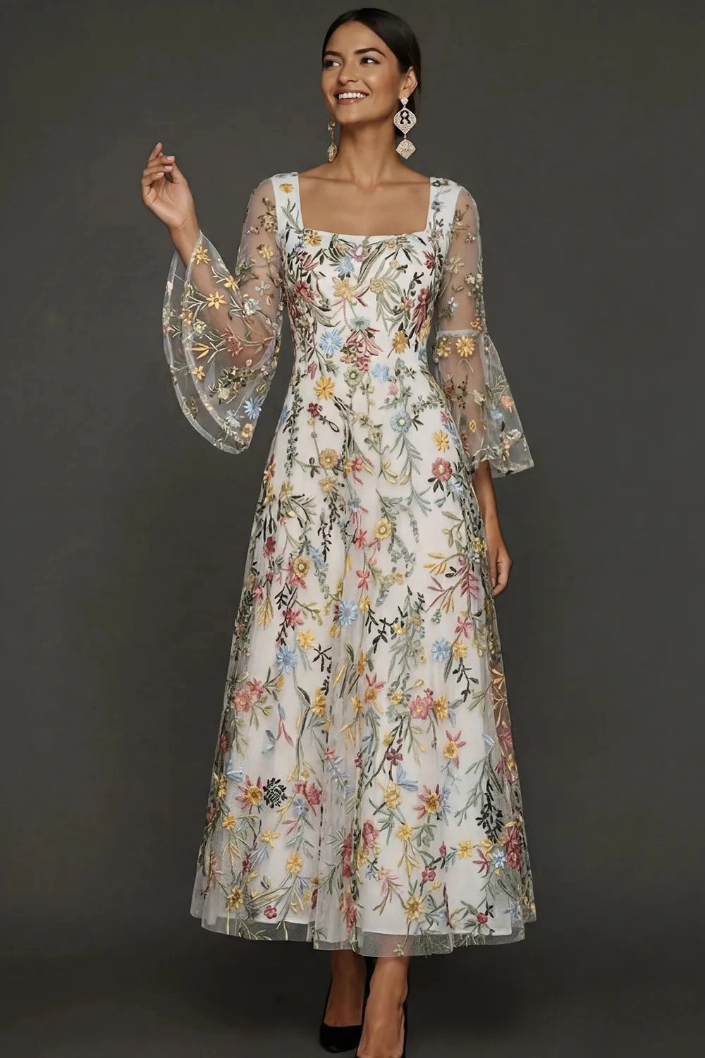 Elegant Floral Embroidered A-Line Square Neck Flutter Sleeve Ankle Length Wedding Guest Dress