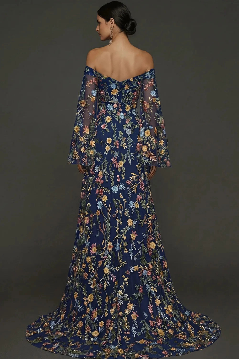 Romantic A Line Sweetheart Off Shoulder Floral Embroidered Bell Sleeve Wedding Guest Dress