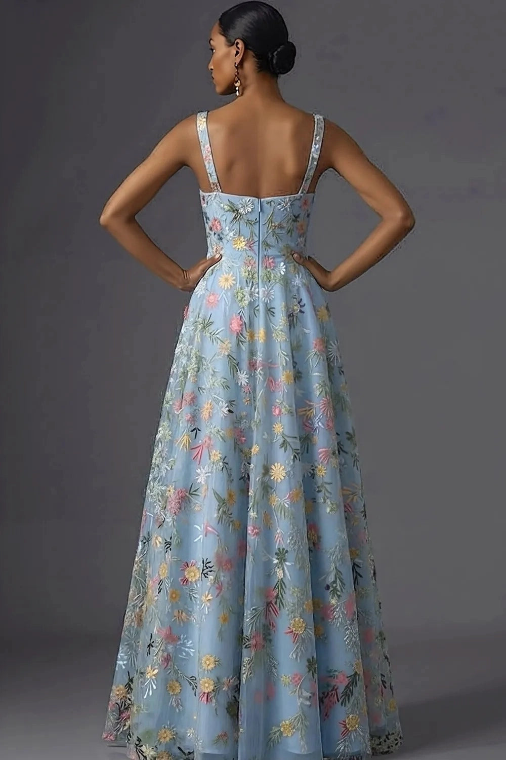 Romantic Floral Embroidered A-Line Square Neck Sleeveless Low Back Wedding Guest Dress