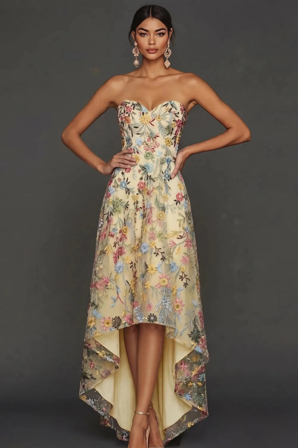 Romantic A Line Sweetheart Strapless Floral Embroidered High Low Wedding Guest Dress