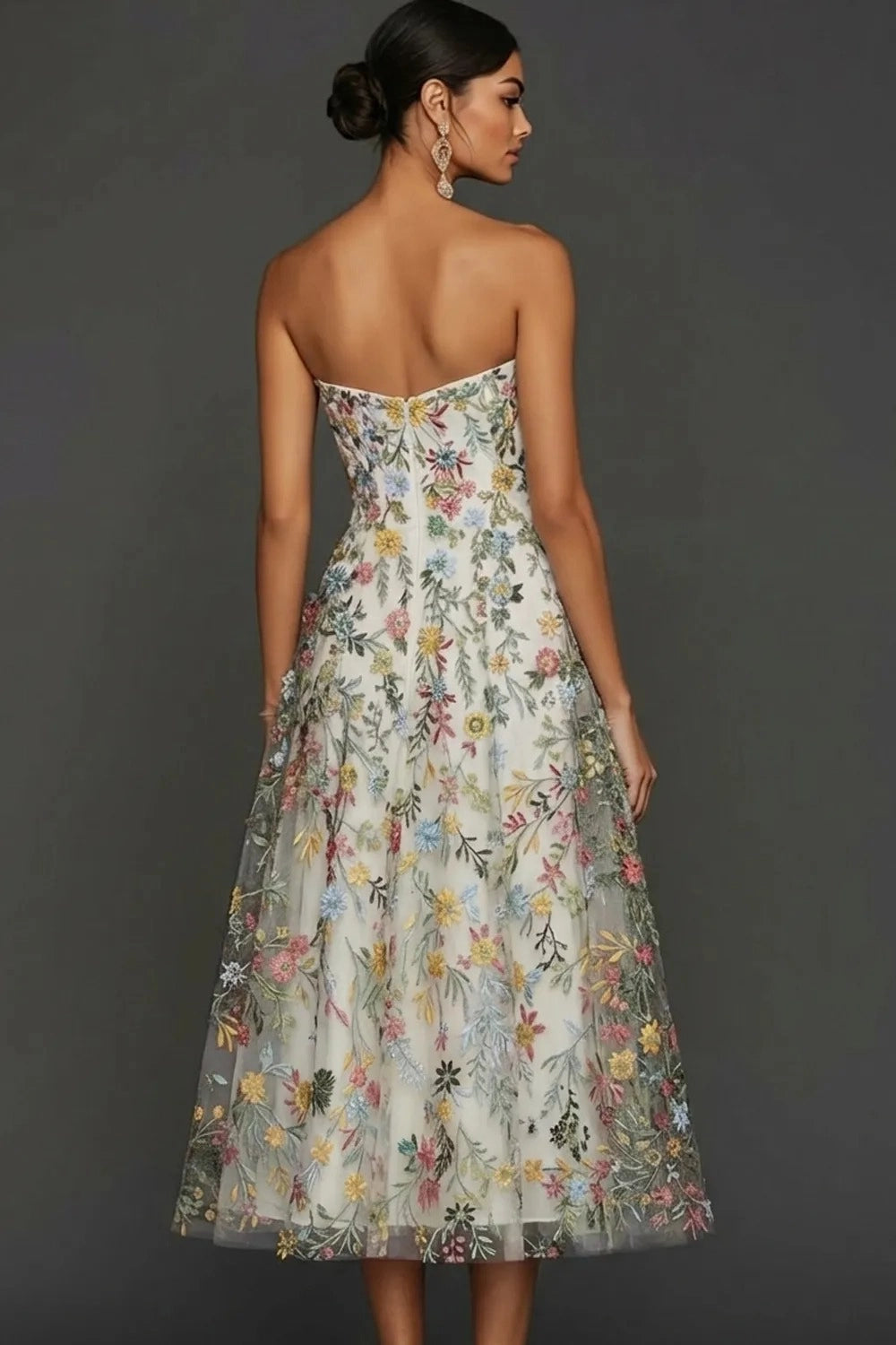 Romantic Floral Embroidered A-Line Sweetheart Strapless Backless Midi Wedding Guest Dress