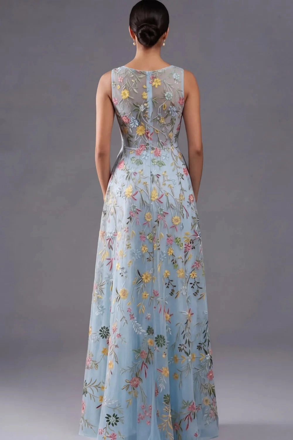 Elegant A Line V Neck Sleeveless Floral Embroidered Slit Floor Length Wedding Guest Dress