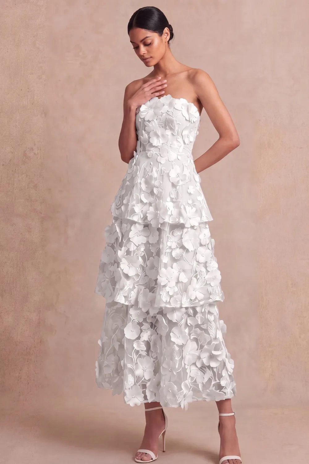Romantic A Line Strapless 3D Floral Tiered Maxi Wedding Guest Dress