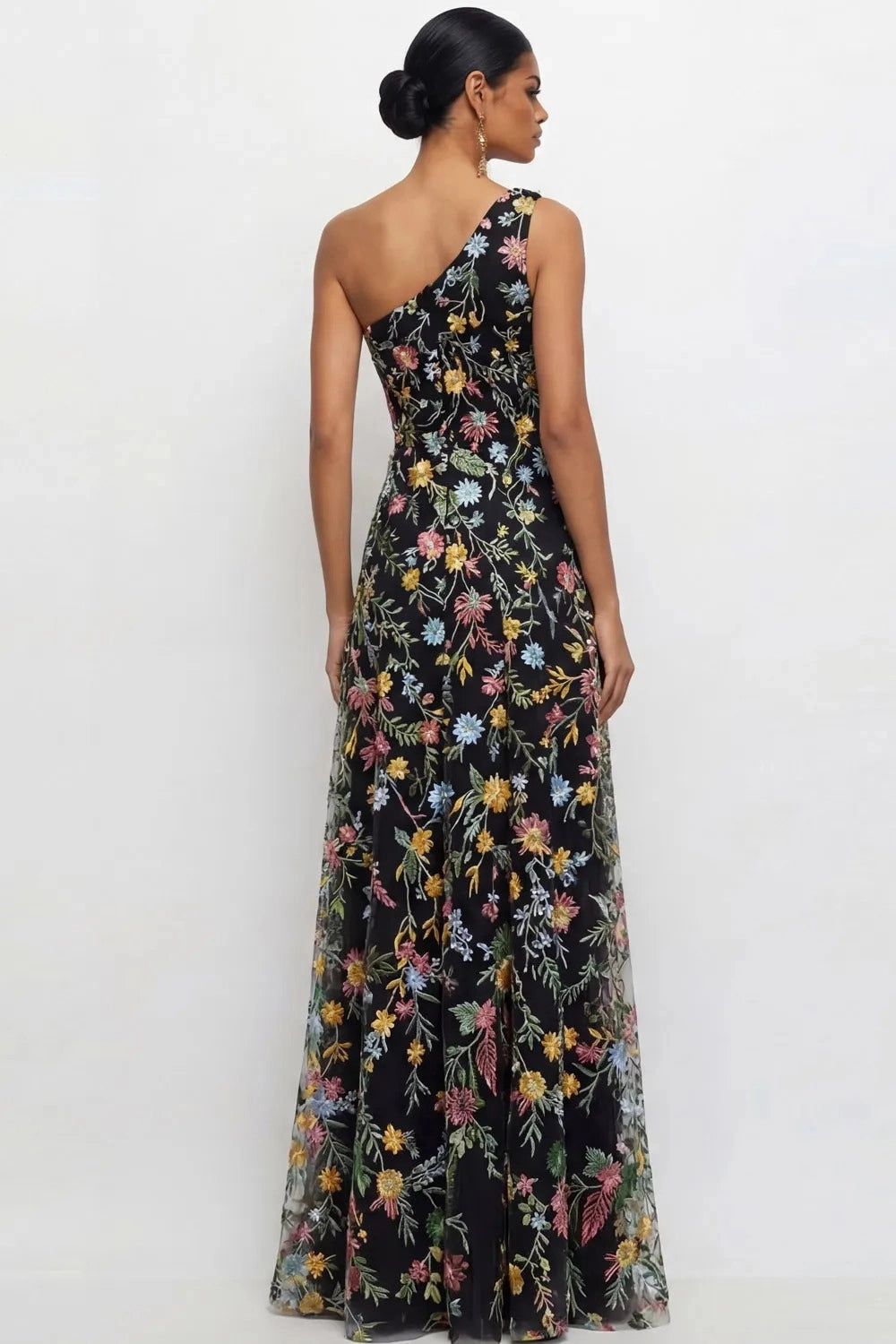 Chic A Line One Shoulder Floral Embroidered Slit Floor Length Wedding Guest Dress