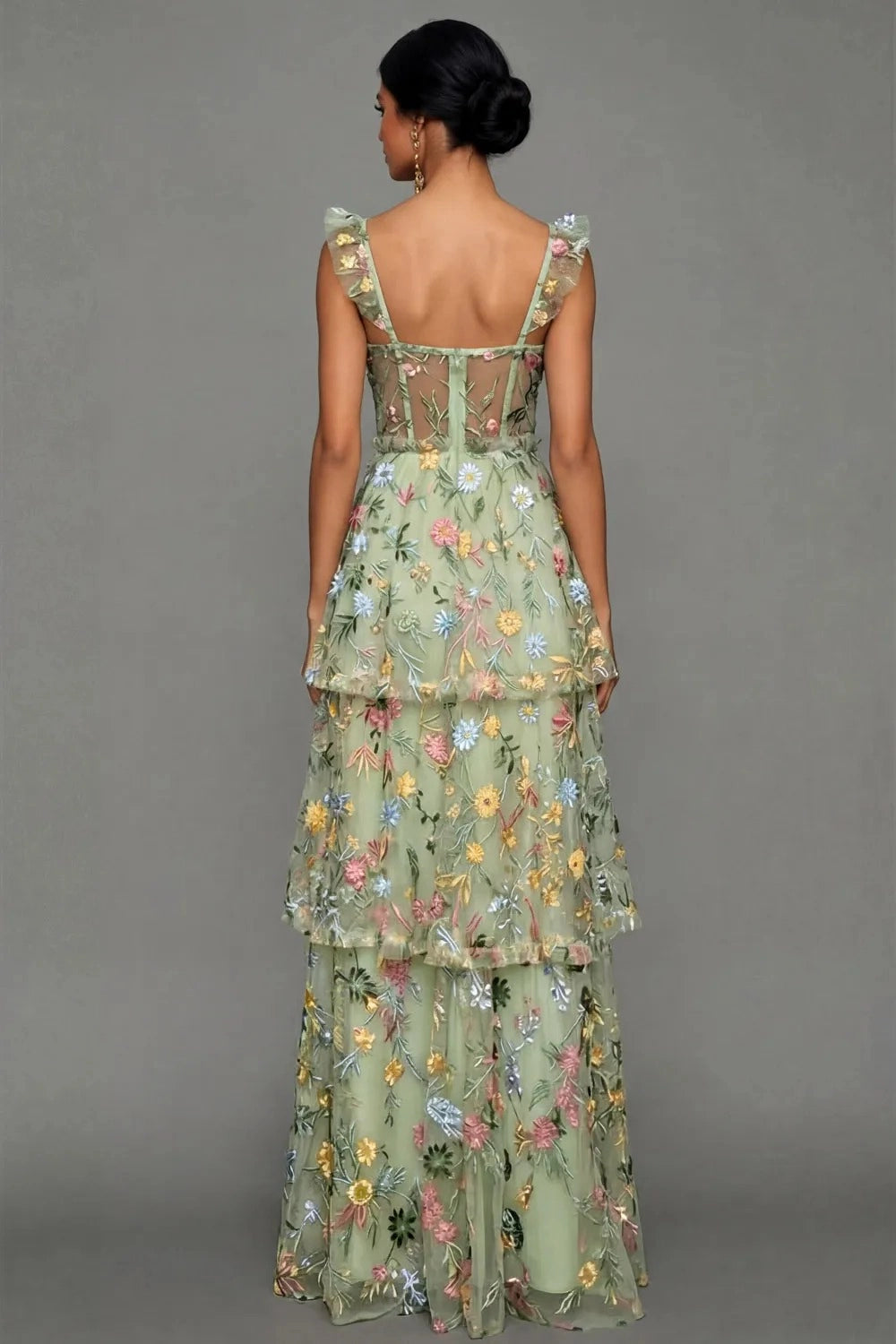 Romantic A Line Sweetheart Ruffle Strap Floral Embroidered Tiered Wedding Guest Dress