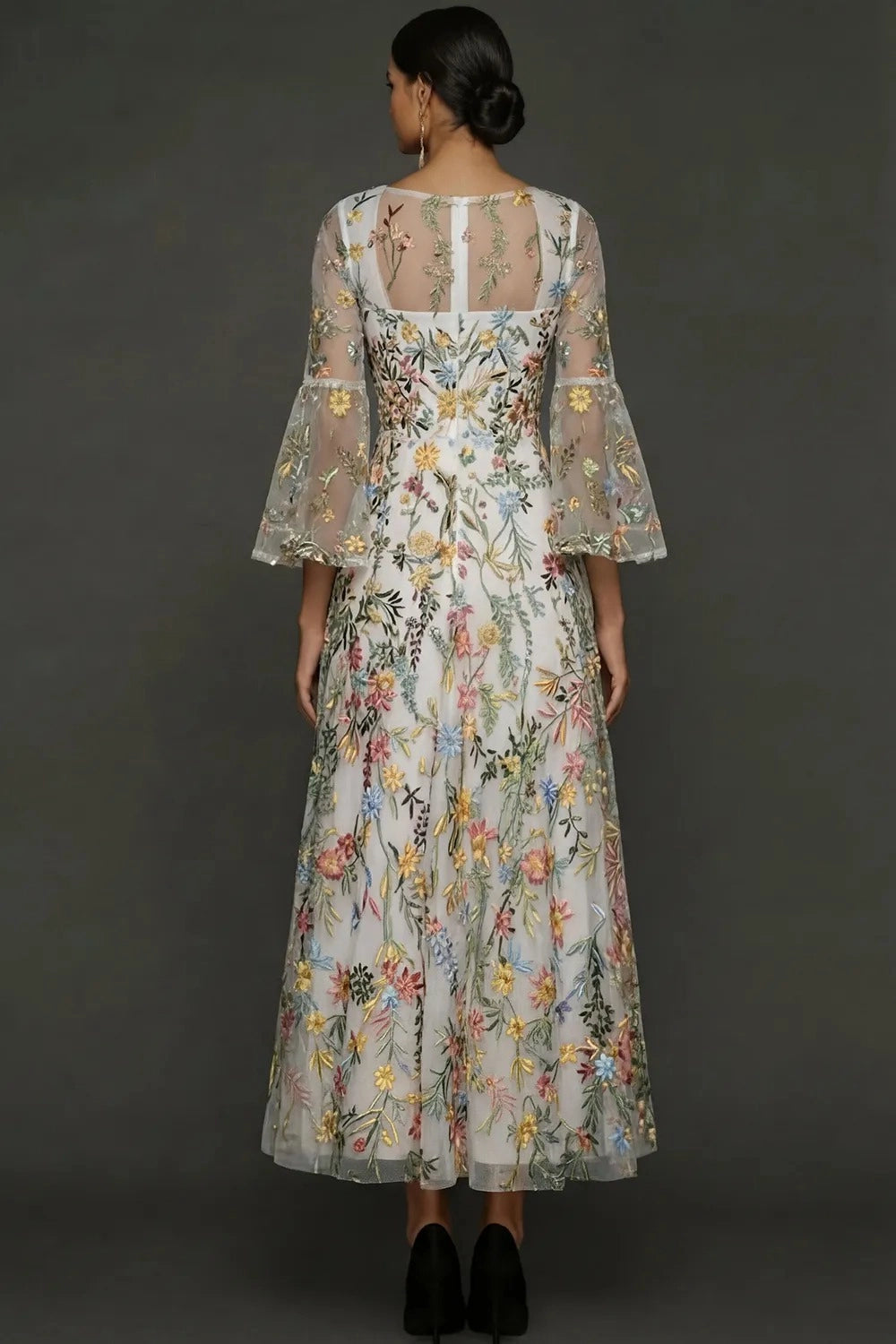 Elegant Floral Embroidered A-Line Square Neck Flutter Sleeve Ankle Length Wedding Guest Dress