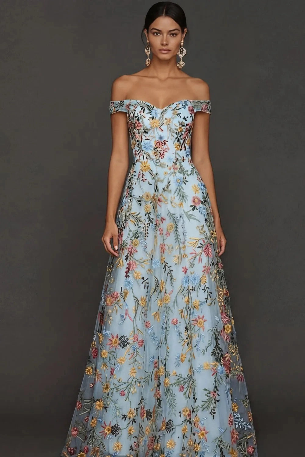 Romantic A Line Sweetheart Off Shoulder Floral Embroidered Floor Length Wedding Guest Dress