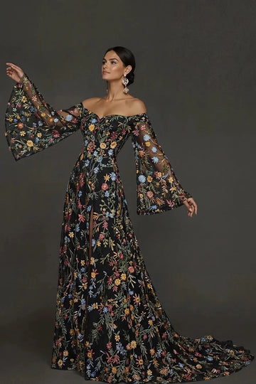 Romantic A Line Sweetheart Off Shoulder Floral Embroidered Bell Sleeve Wedding Guest Dress