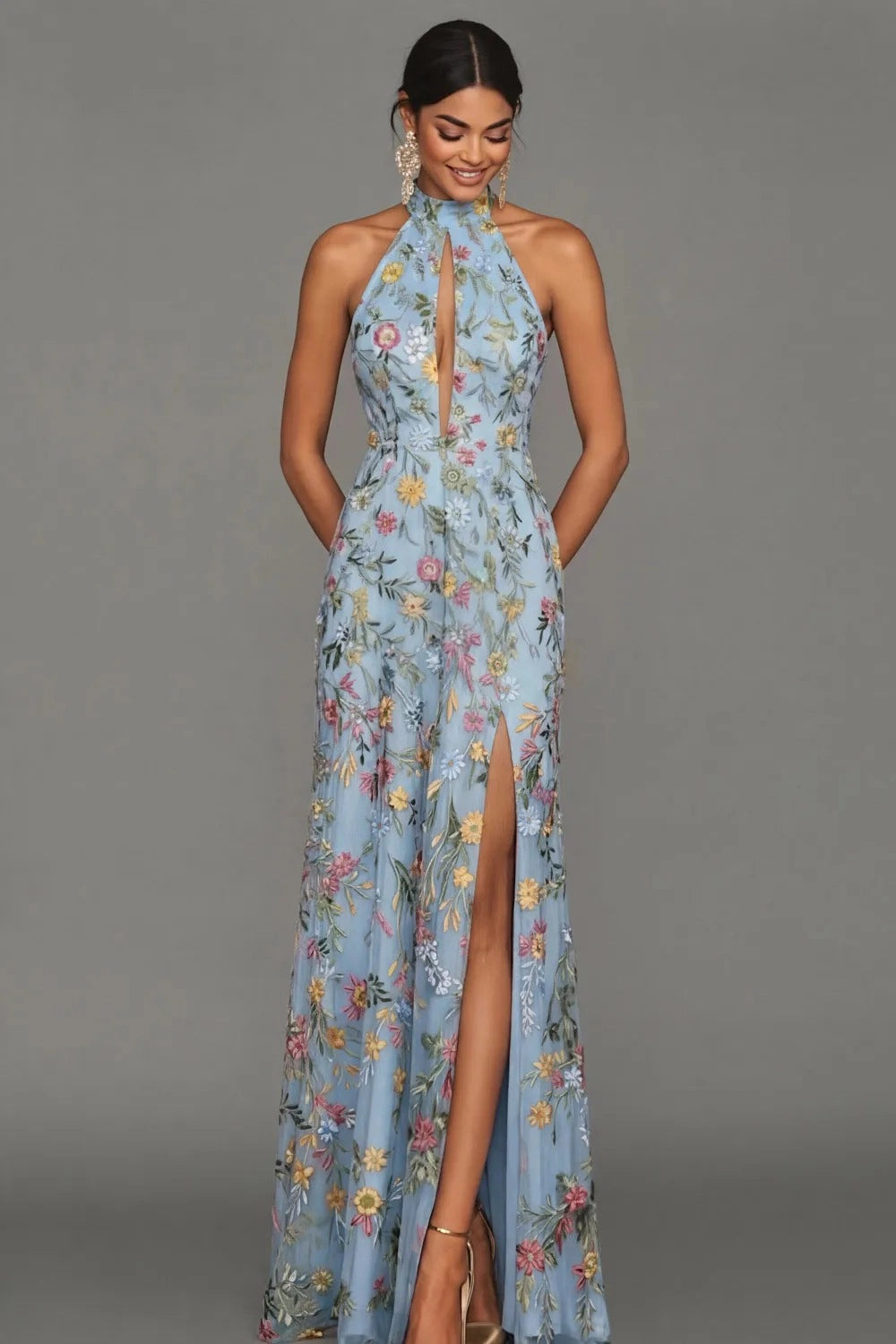 Romantic Floral Embroidered A-Line Halter Sleeveless Backless Long Wedding Guest Dress