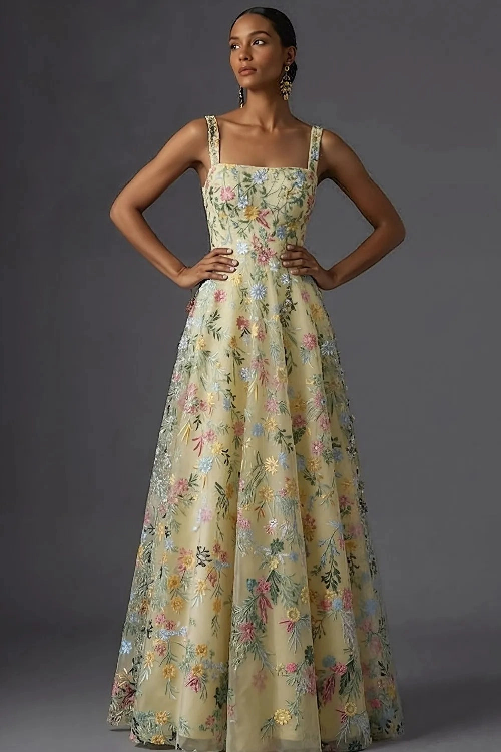 Romantic Floral Embroidered A-Line Square Neck Sleeveless Low Back Wedding Guest Dress