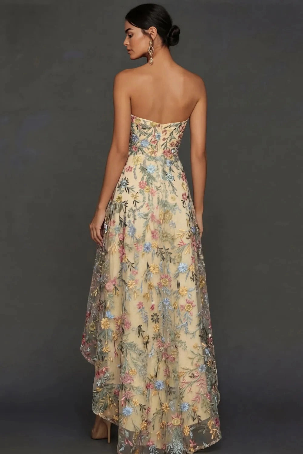 Romantic A Line Sweetheart Strapless Floral Embroidered High Low Wedding Guest Dress