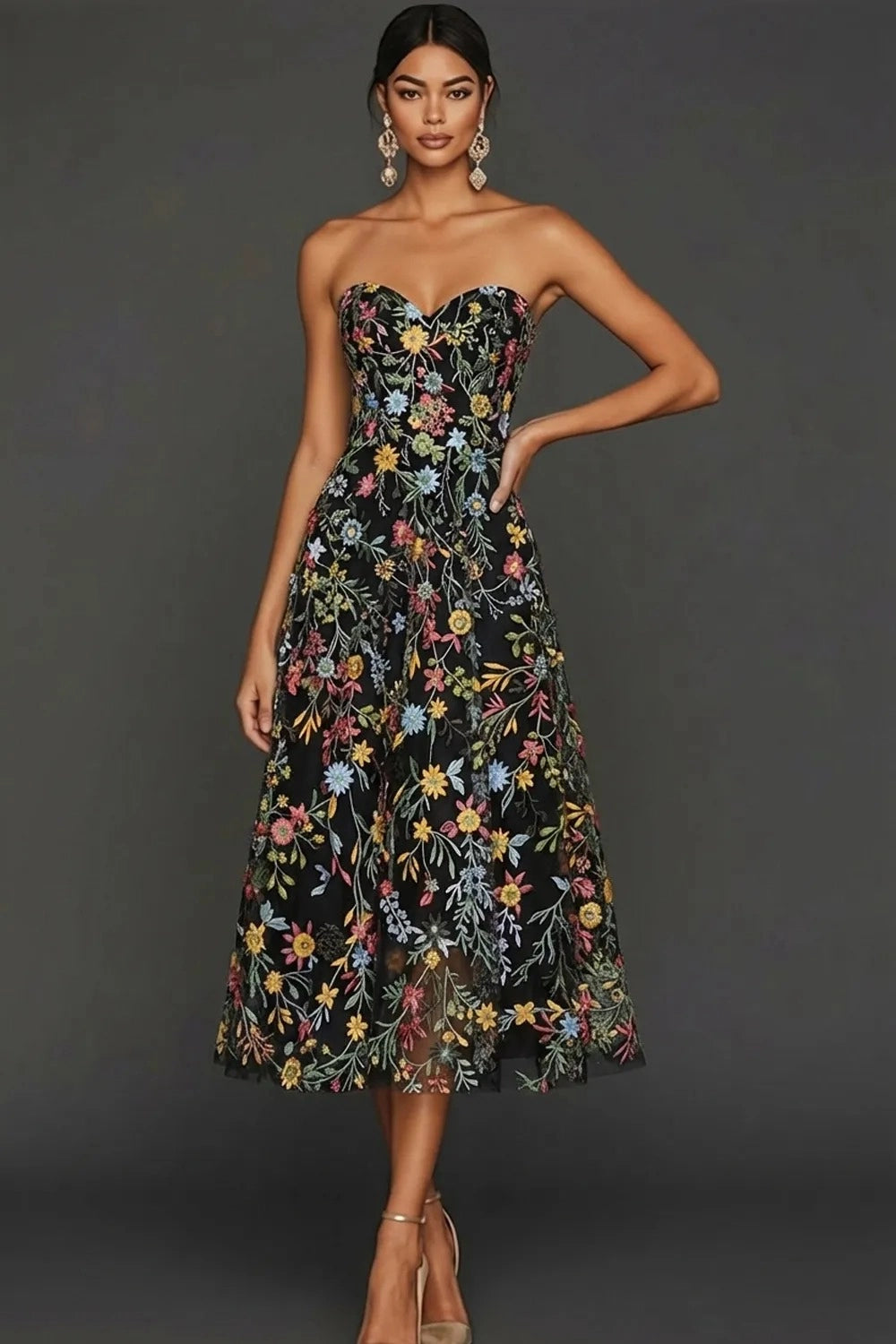 Romantic Floral Embroidered A-Line Sweetheart Strapless Backless Midi Wedding Guest Dress