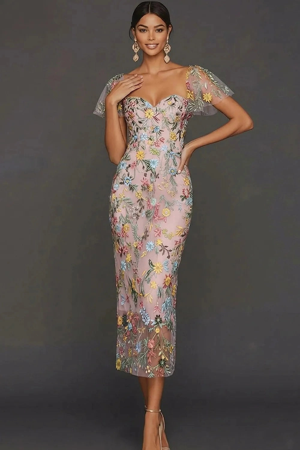 Elegant Floral Embroidered Sheath Sweetheart Flutter Sleeve Midi Wedding Guest Dress