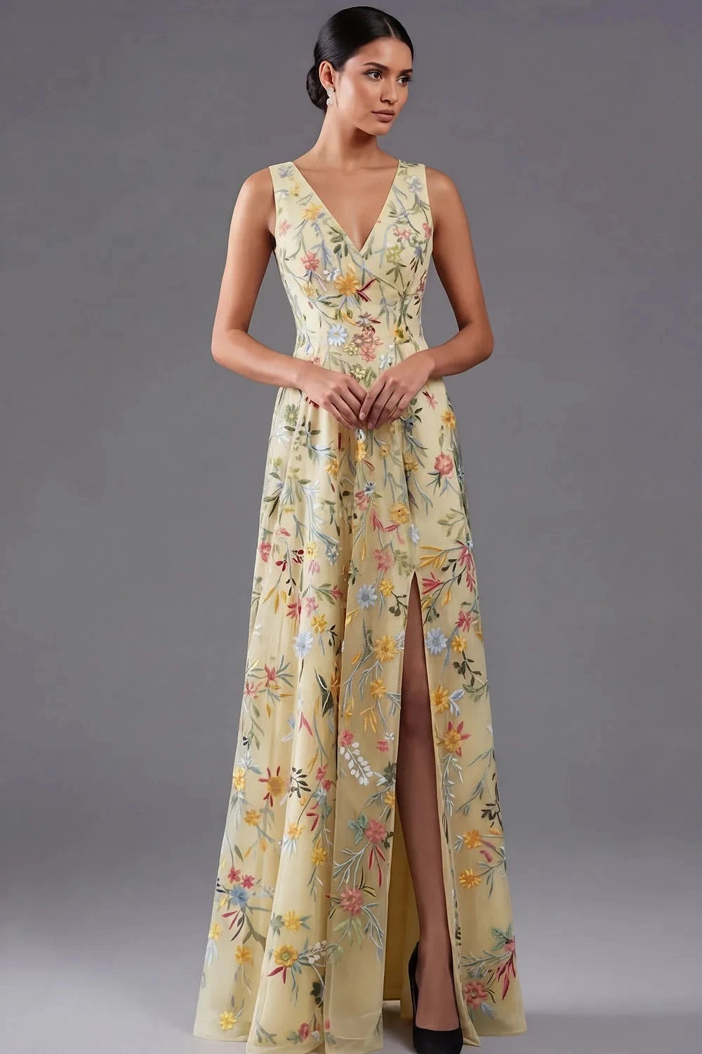 Elegant A Line V Neck Sleeveless Floral Embroidered Slit Floor Length Wedding Guest Dress