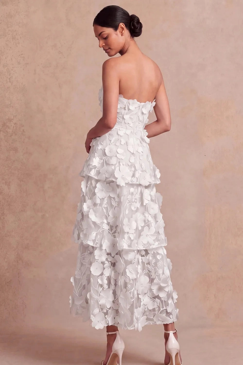 Romantic A Line Strapless 3D Floral Tiered Maxi Wedding Guest Dress