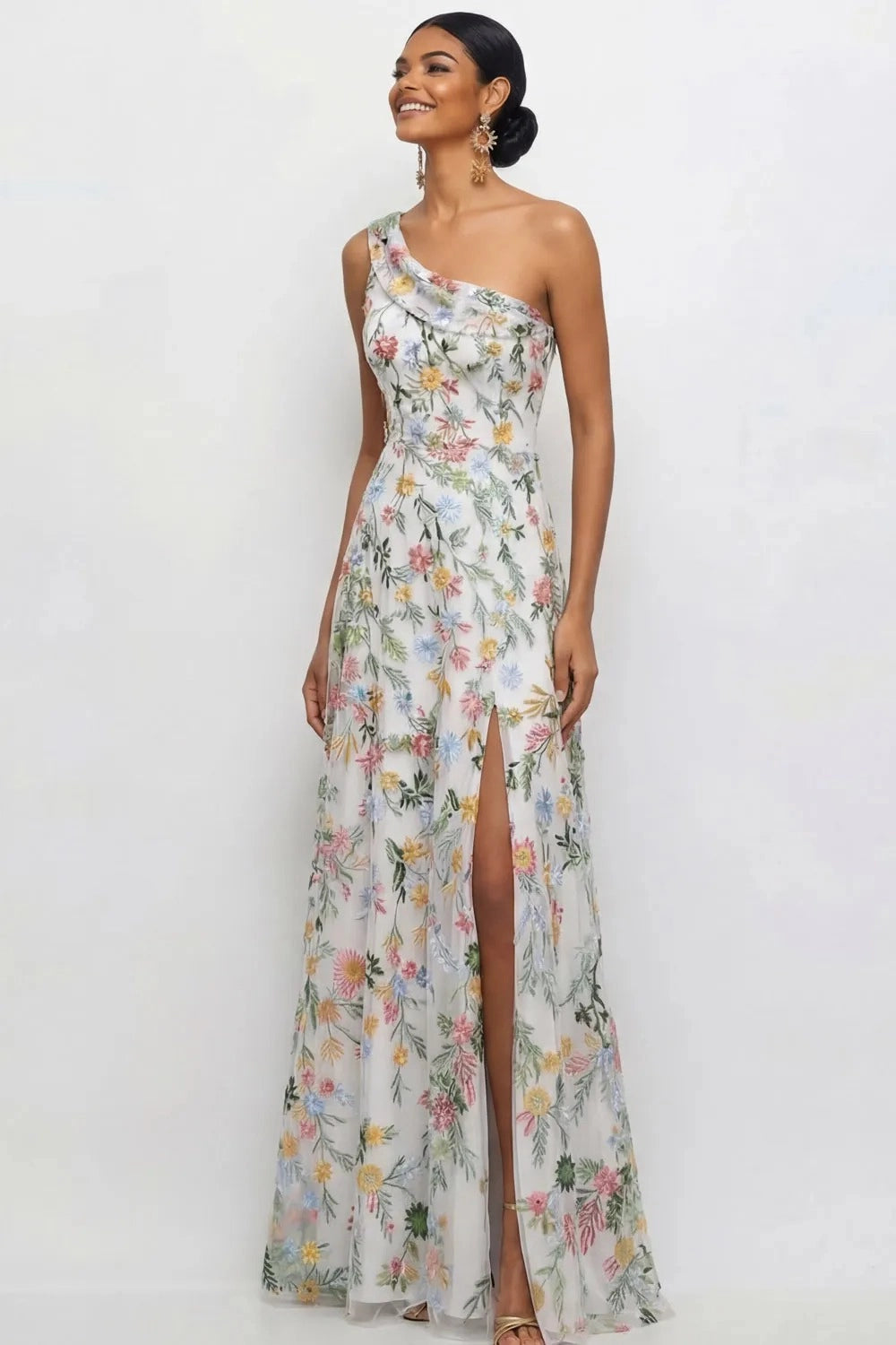 Chic A Line One Shoulder Floral Embroidered Slit Floor Length Wedding Guest Dress
