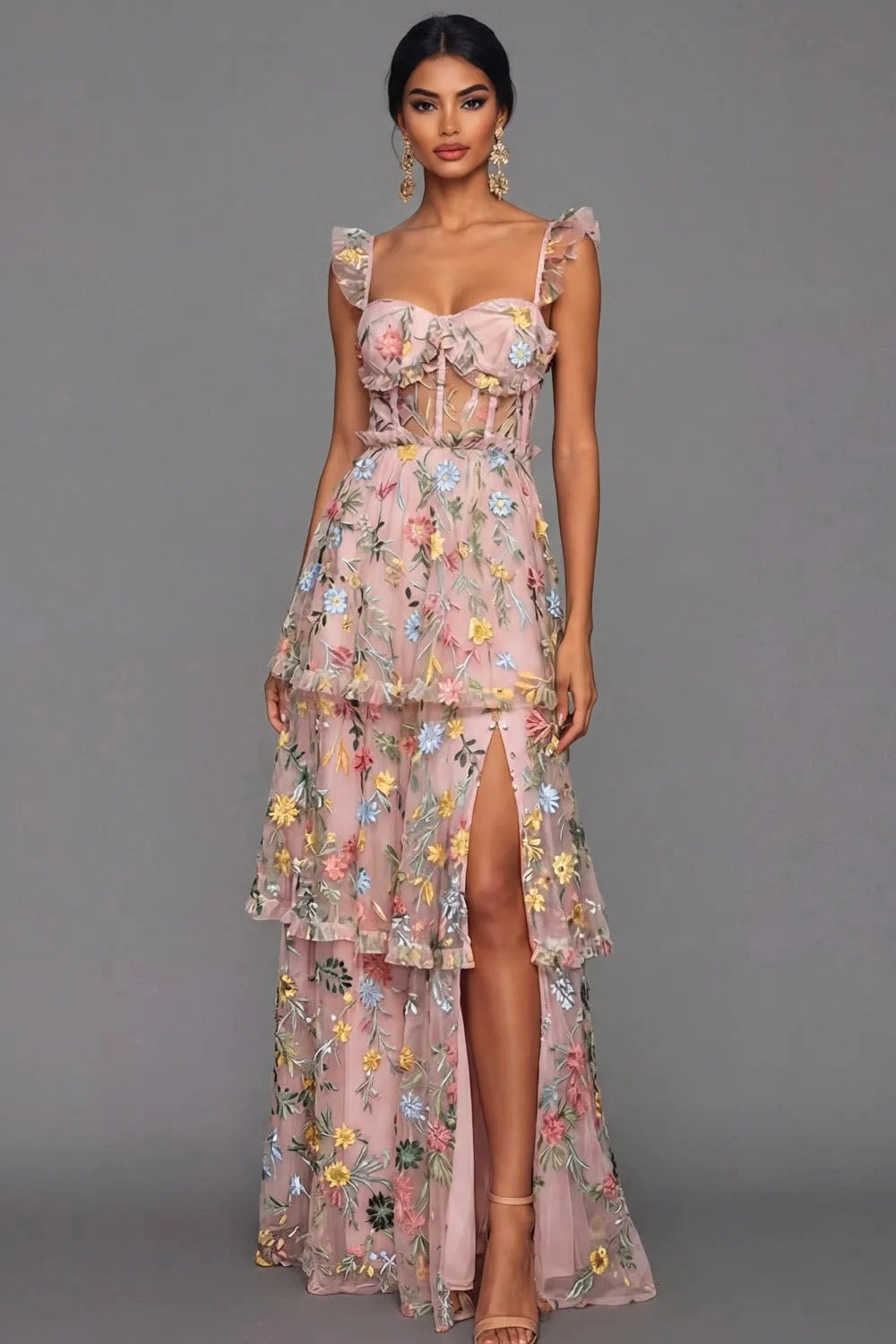 Romantic A Line Sweetheart Ruffle Strap Floral Embroidered Tiered Wedding Guest Dress