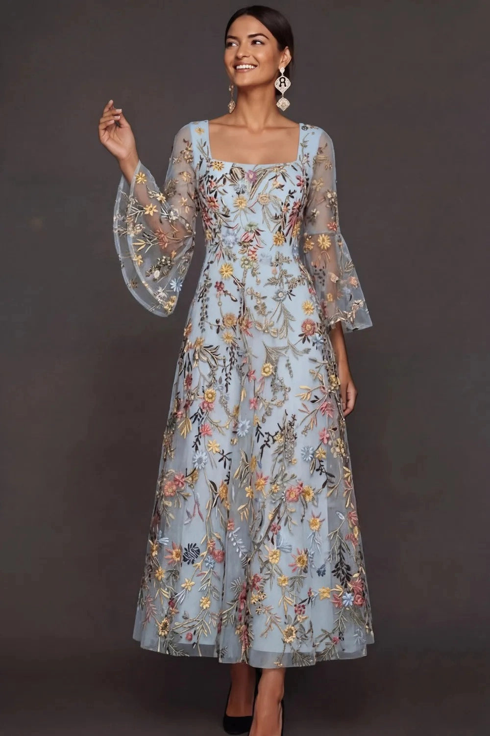 Elegant Floral Embroidered A-Line Square Neck Flutter Sleeve Ankle Length Wedding Guest Dress