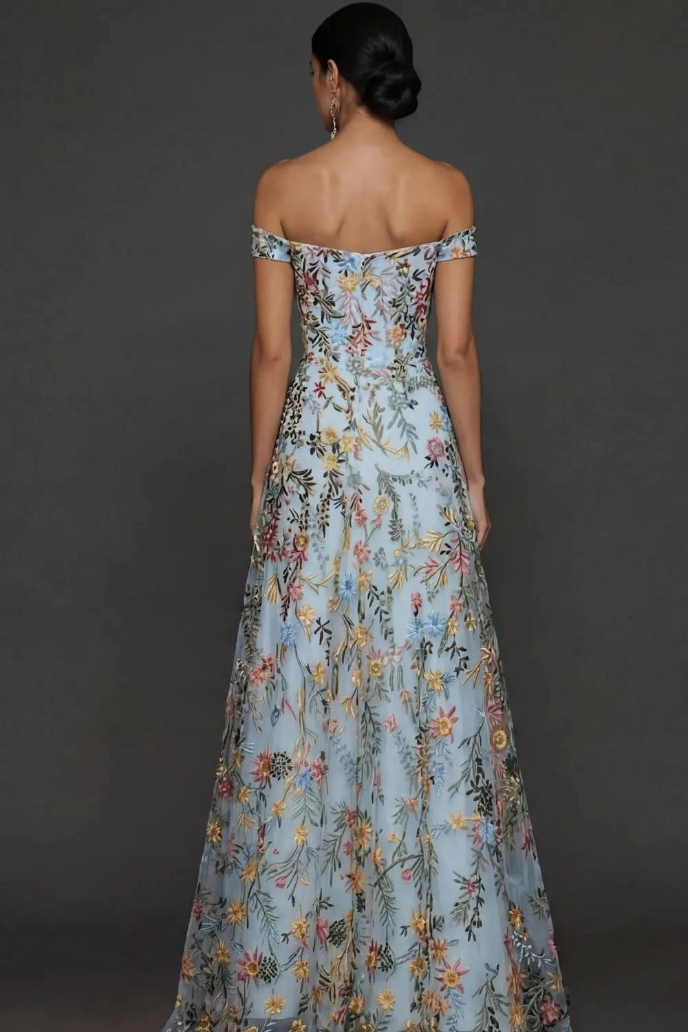 Romantic A Line Sweetheart Off Shoulder Floral Embroidered Floor Length Wedding Guest Dress