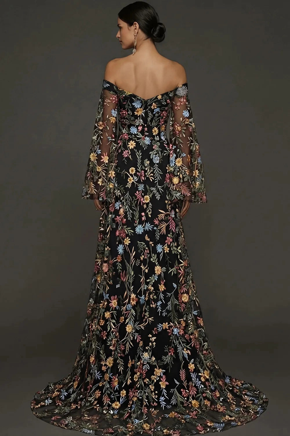 Romantic A Line Sweetheart Off Shoulder Floral Embroidered Bell Sleeve Wedding Guest Dress