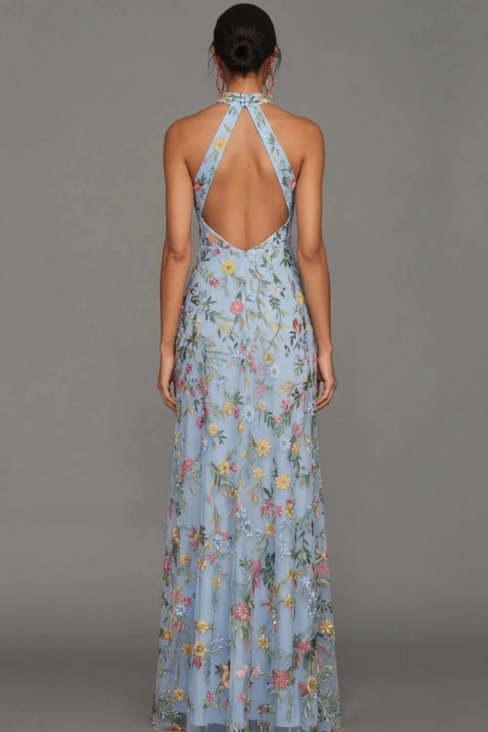Romantic Floral Embroidered A-Line Halter Sleeveless Backless Long Wedding Guest Dress