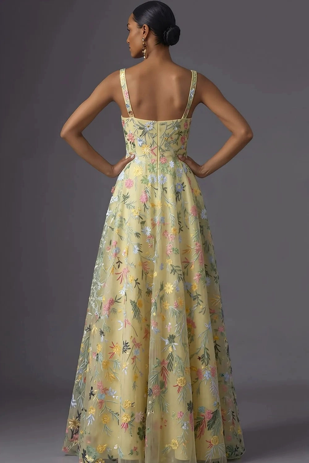 Romantic Floral Embroidered A-Line Square Neck Sleeveless Low Back Wedding Guest Dress