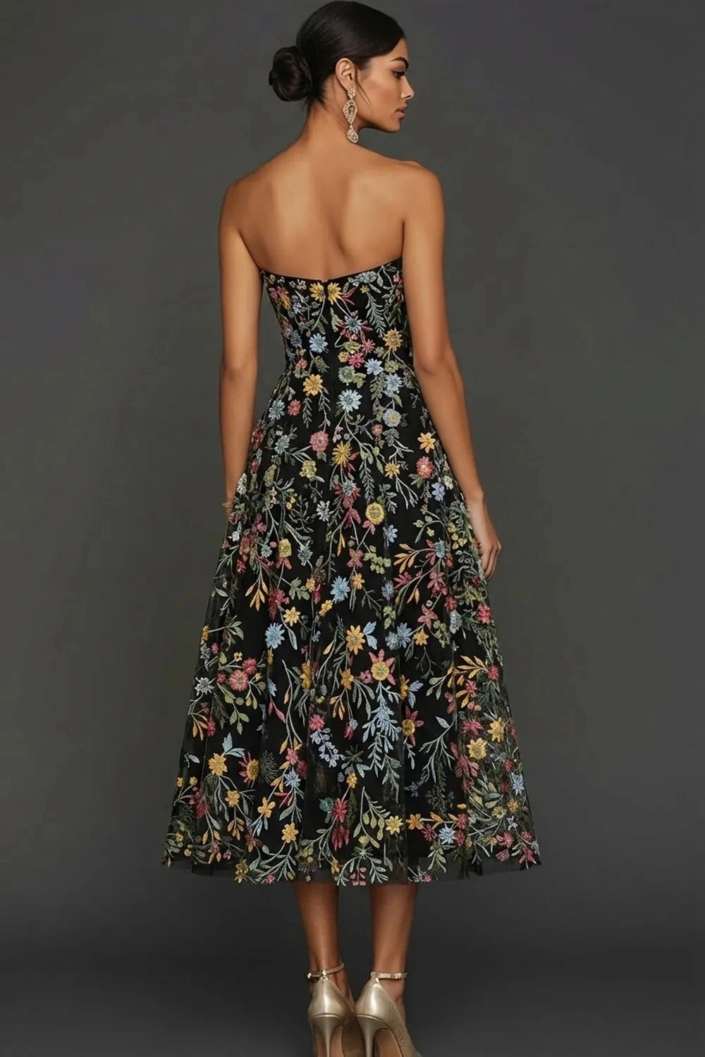Romantic Floral Embroidered A-Line Sweetheart Strapless Backless Midi Wedding Guest Dress