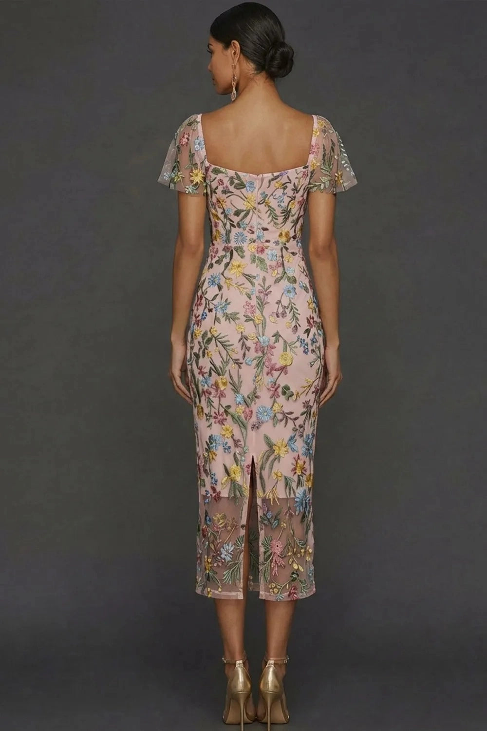 Elegant Floral Embroidered Sheath Sweetheart Flutter Sleeve Midi Wedding Guest Dress