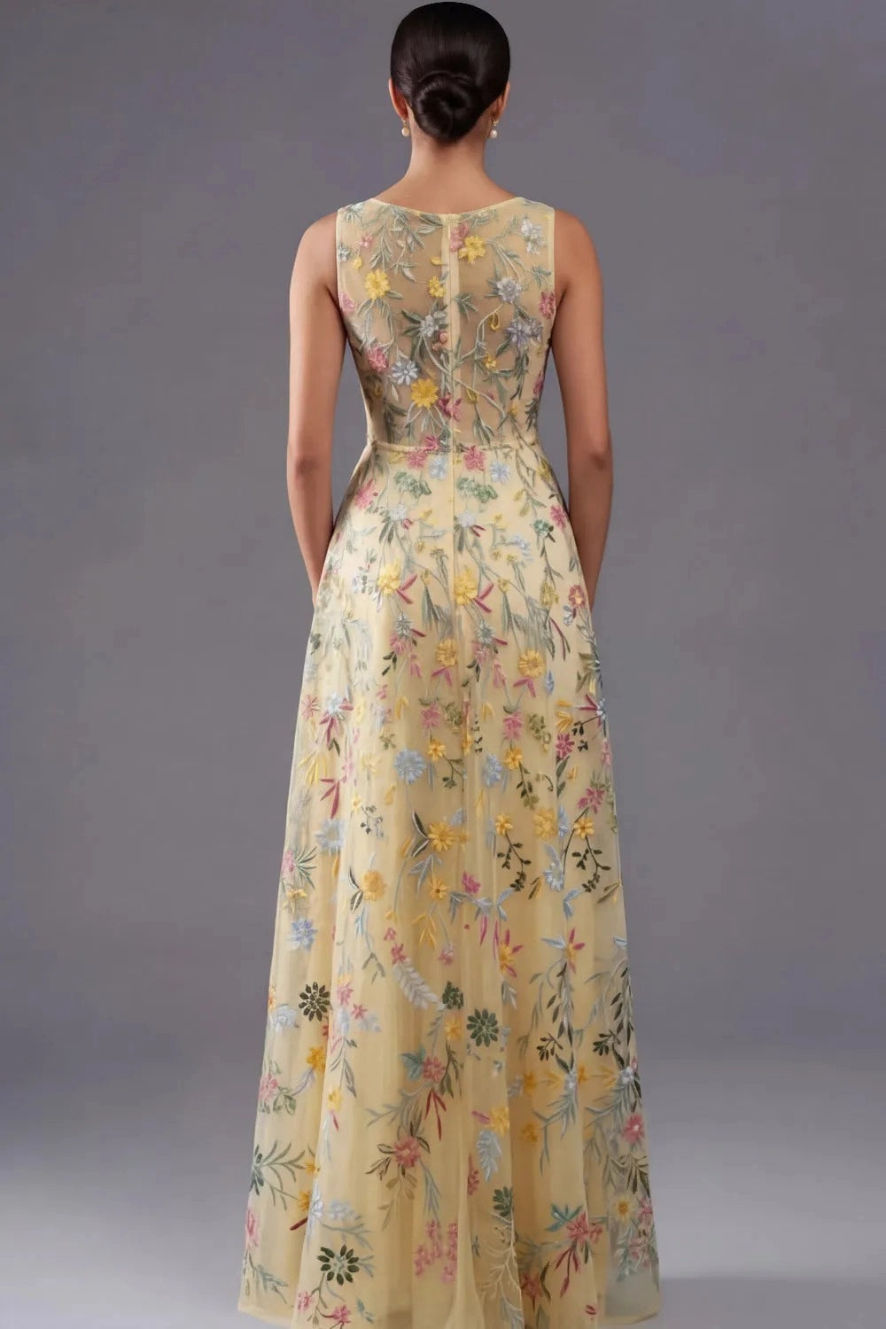 Elegant A Line V Neck Sleeveless Floral Embroidered Slit Floor Length Wedding Guest Dress