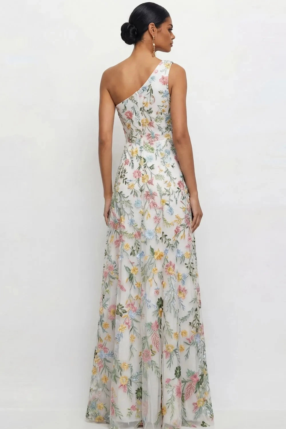Chic A Line One Shoulder Floral Embroidered Slit Floor Length Wedding Guest Dress