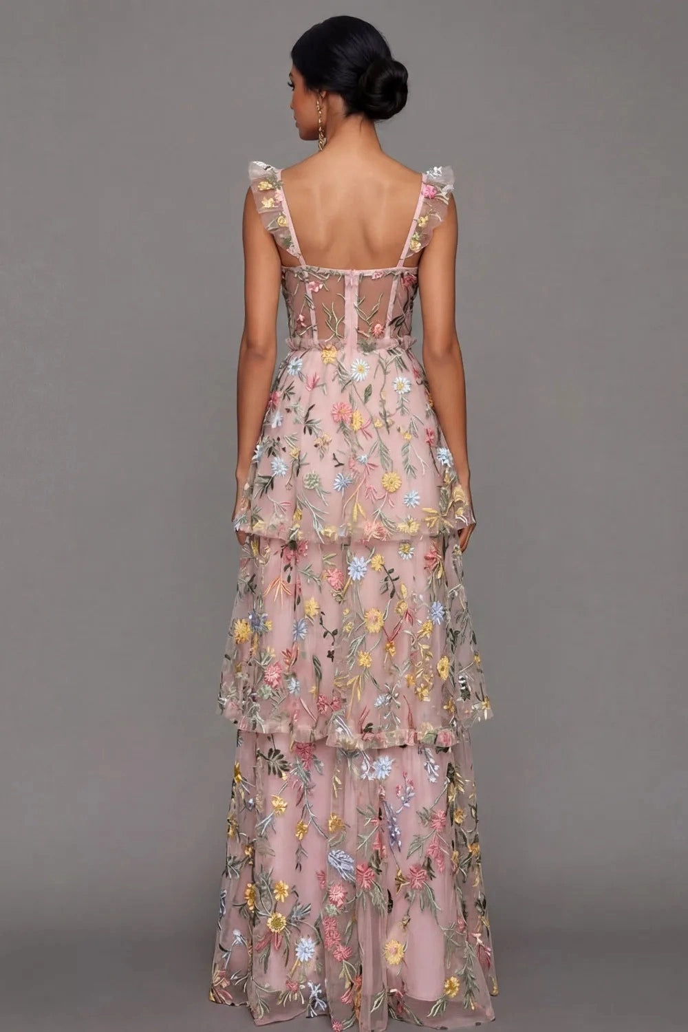 Romantic A Line Sweetheart Ruffle Strap Floral Embroidered Tiered Wedding Guest Dress