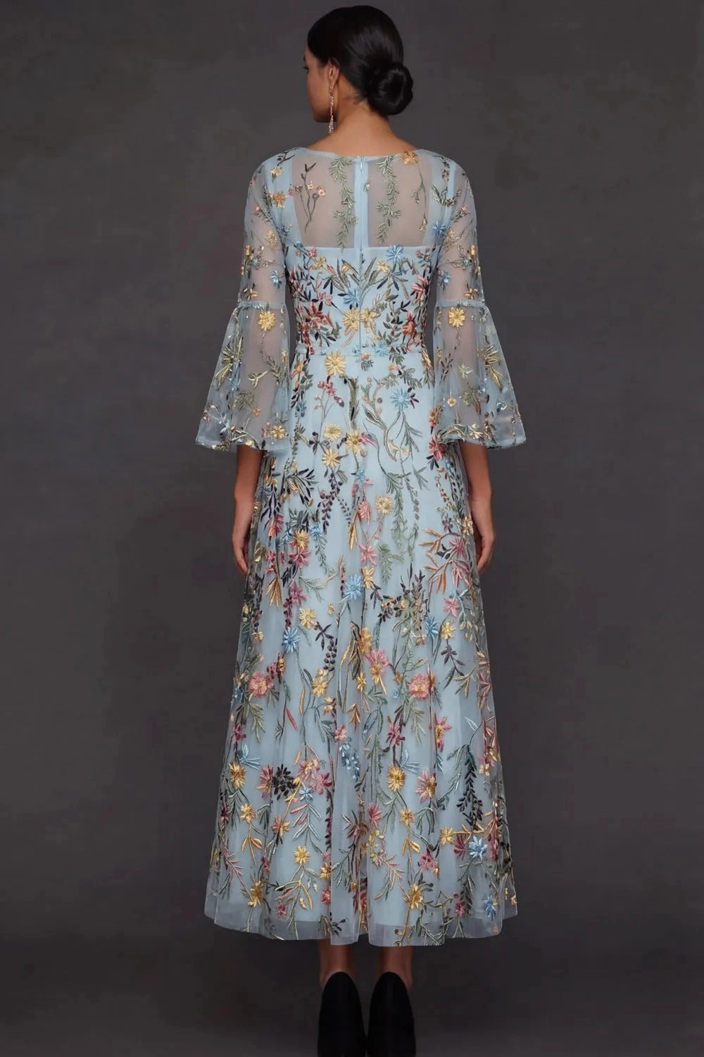 Elegant Floral Embroidered A-Line Square Neck Flutter Sleeve Ankle Length Wedding Guest Dress