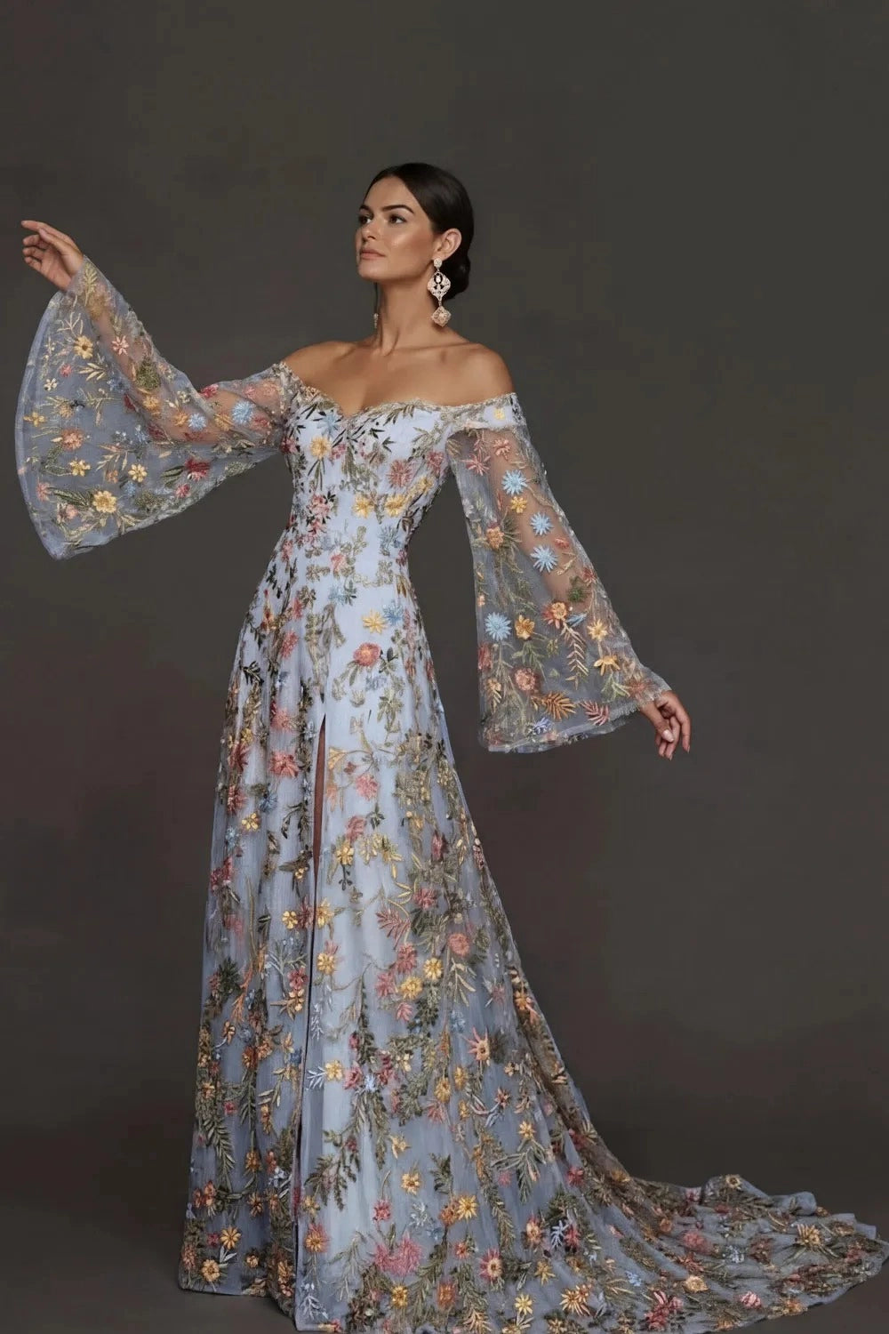 Romantic A Line Sweetheart Off Shoulder Floral Embroidered Bell Sleeve Wedding Guest Dress