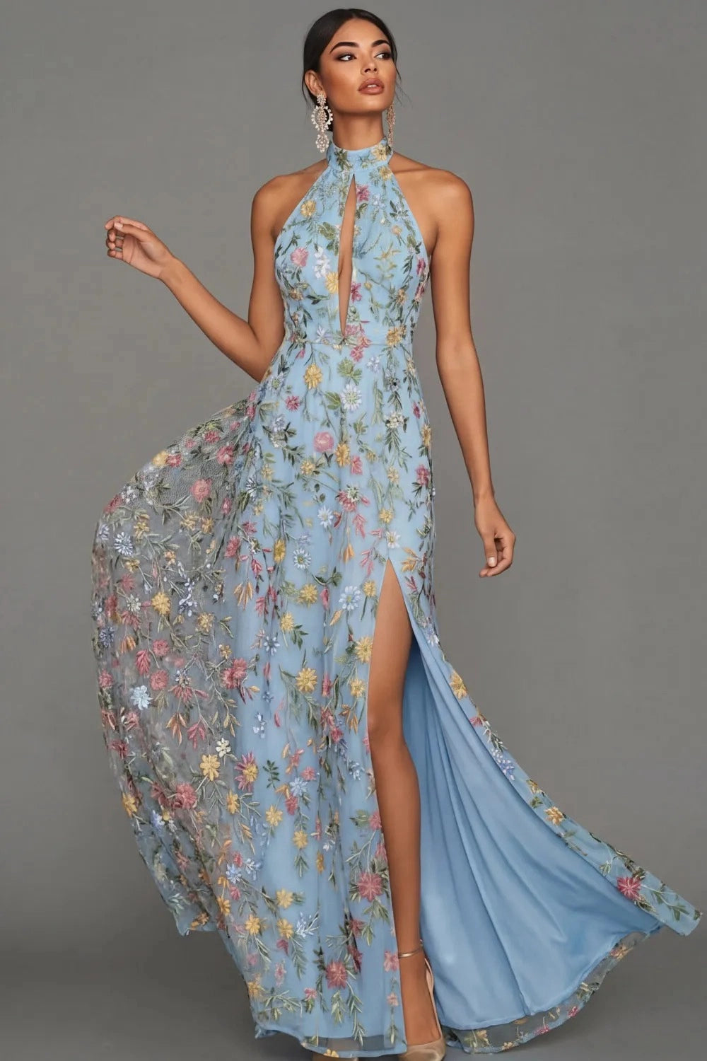 Romantic Floral Embroidered A-Line Halter Sleeveless Backless Long Wedding Guest Dress